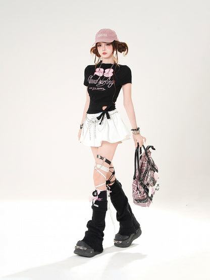 White/Black Mock Neck Self-tie Hem Letter and Number Print Slim-fitting T-shirt