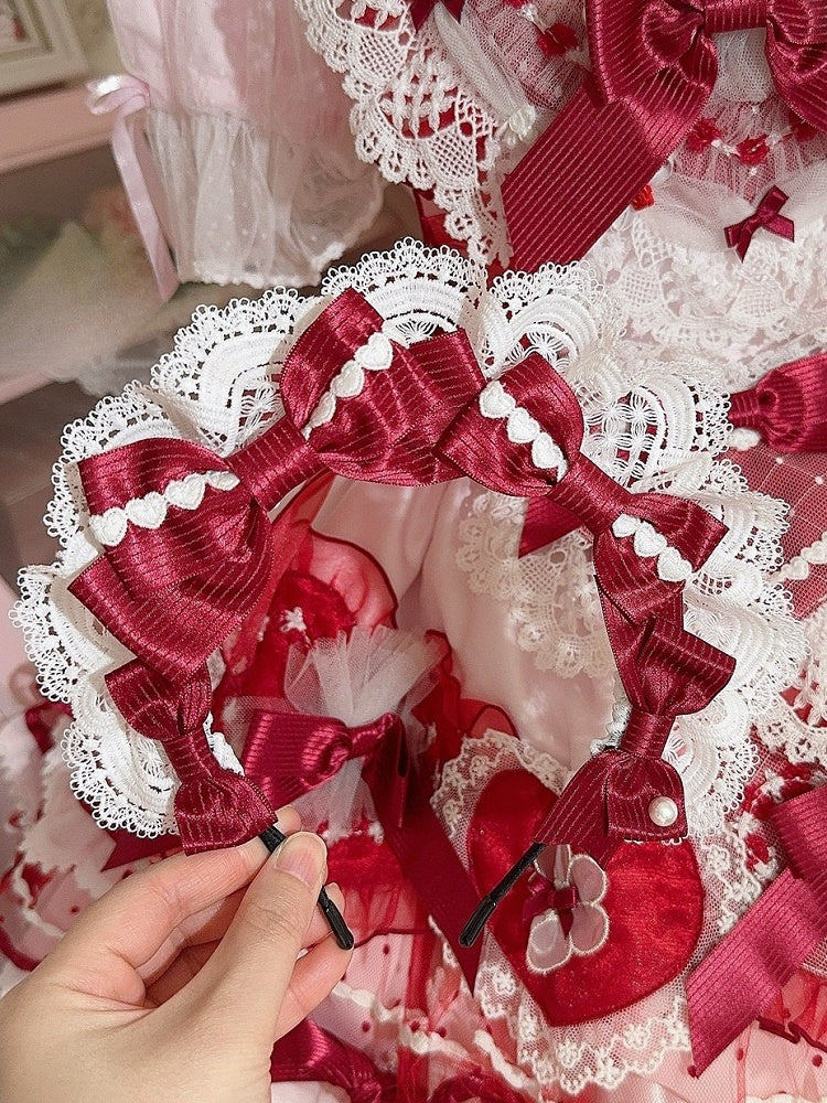 White&Red Heart Decorated Striped Pattern Bowknot Details Lace Trim KC