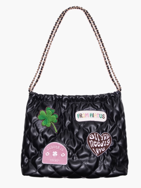 Chic Black Diamond Quilted Drawstring Shoulder Bag With Clover And Letter Embroidery