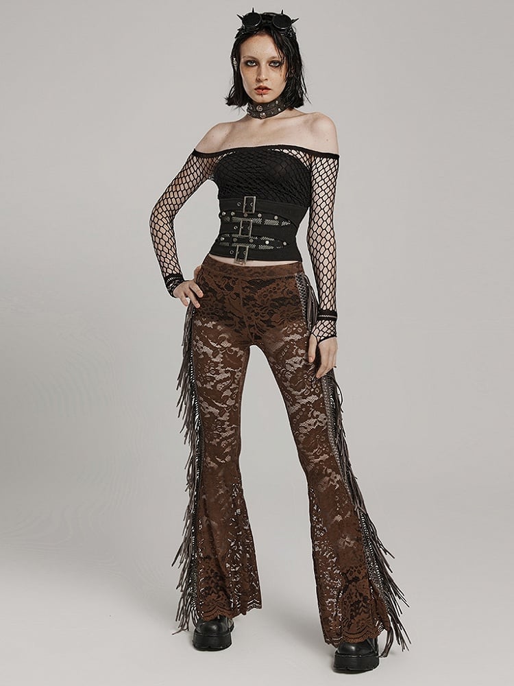 Clearance-Size S for Waist 67CM Coffee Goth Lace Trousers