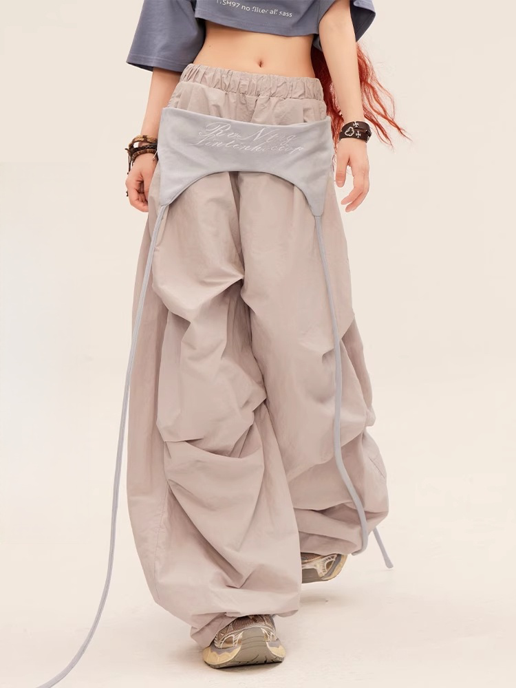 Gray Vintage Wide-leg Casual Pants with Waist Accessory