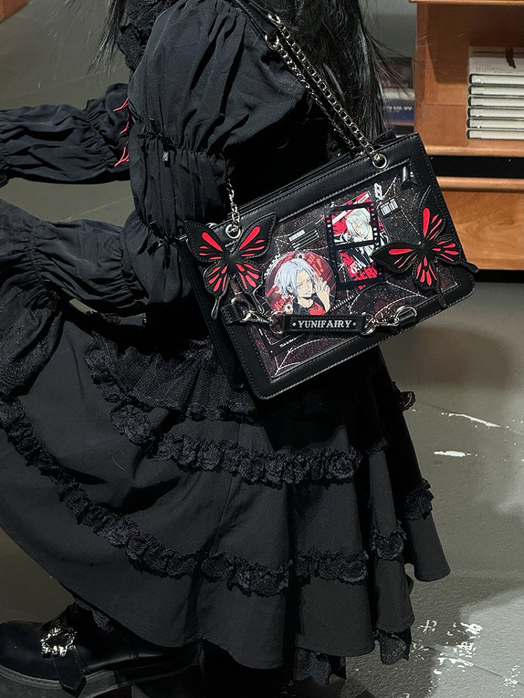 Red Ita Shoulder Bag with Gold Butterfly and Spiderweb Details – Small Capacity