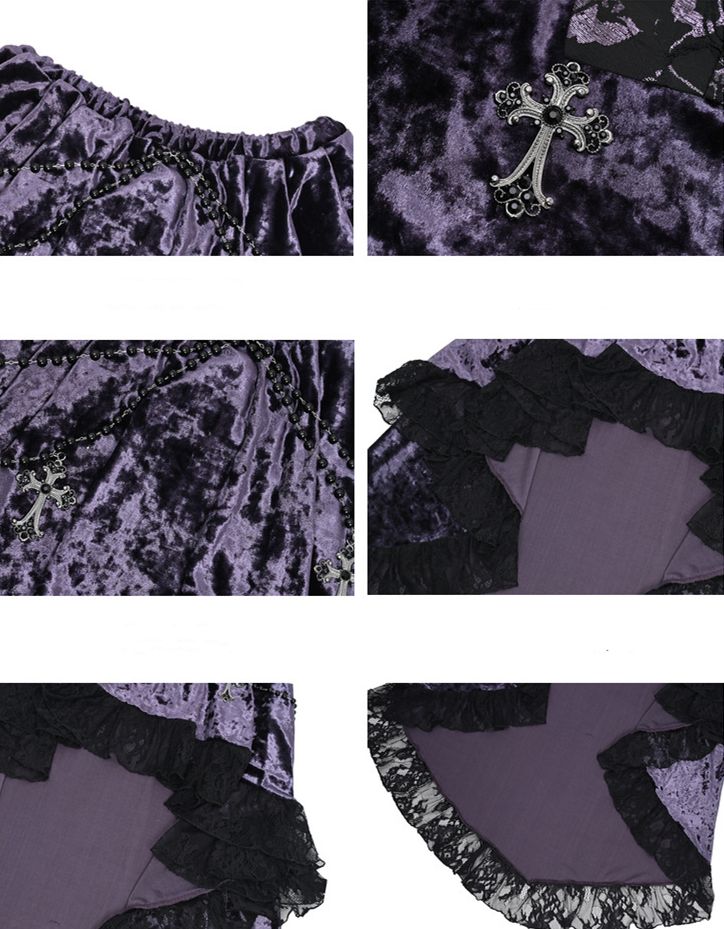 Gothic Cross Beaded Chains Purple Velvet High-low Skirt