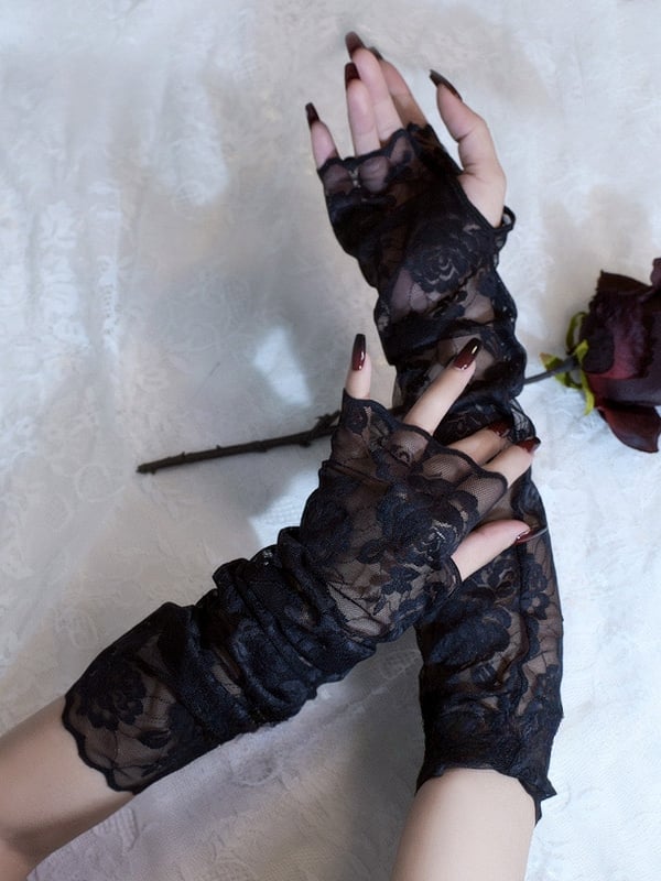 Gothic Black/White Rosette Pattern Lace Fingerless Gloves