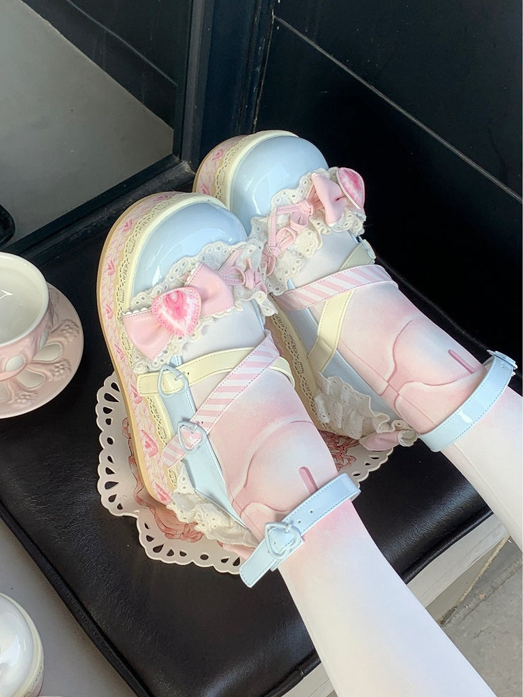 Sea Salt Strawberry Cake Blue Sweet Lolita Bow Accents Platforms Mary Jane Shoes