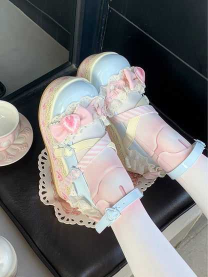 Sea Salt Strawberry Cake Blue Sweet Lolita Bow Accents Platforms Mary Jane Shoes