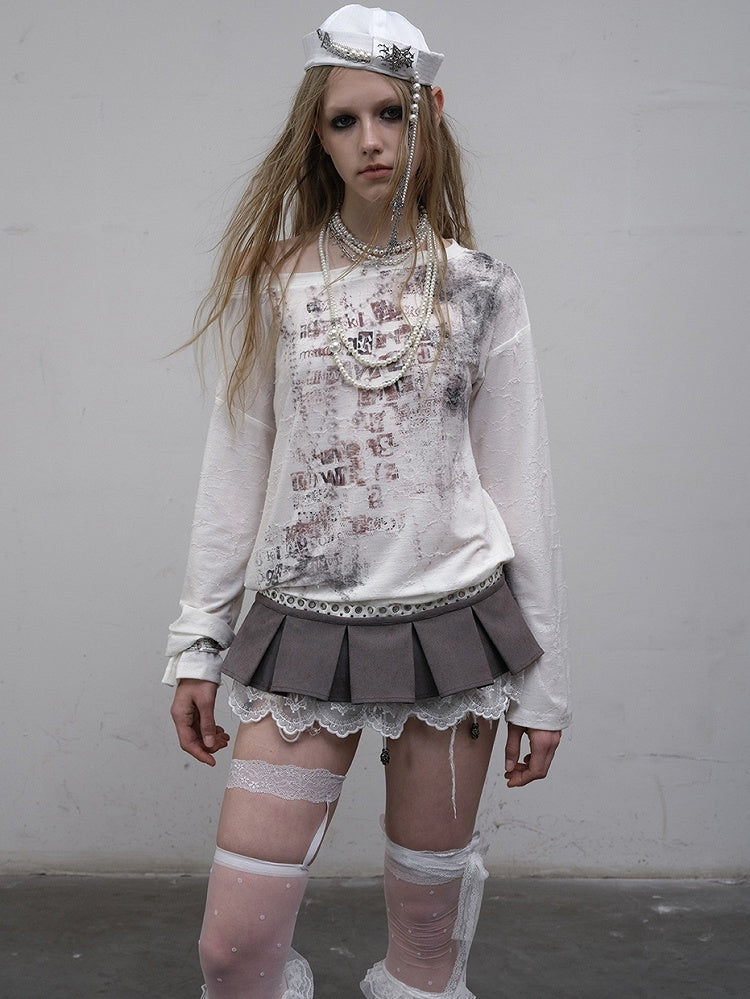 Blue/Beige Wasteland Punk Letter Print Asymmetrical Neckline Long Sleeves Top