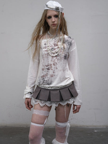 Blue/Beige Wasteland Punk Letter Print Asymmetrical Neckline Long Sleeves Top