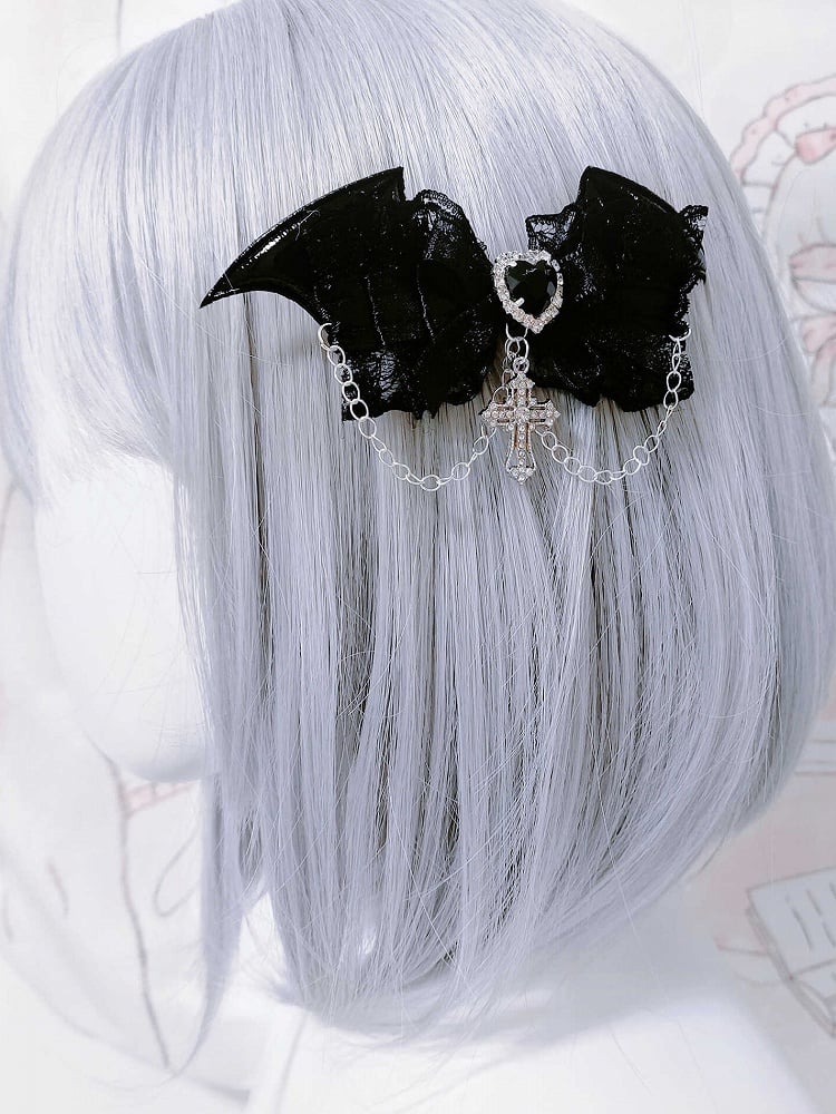 Gothic Demon Wings White/Black Rhinestoned Cross Charm Jirai Kei Bowknot Hairclips