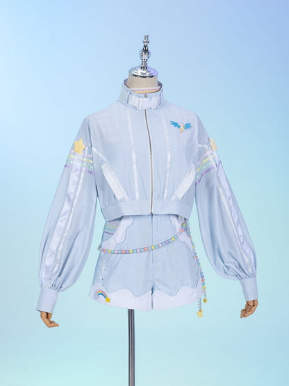 Buckle Strap High Collar Blue Moto Jacket with Lightning Wing Patch Rainbow Dash Vibes