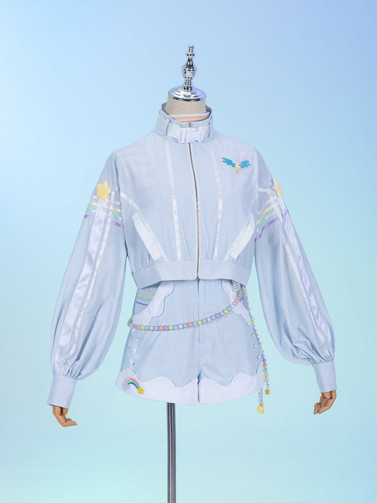 Buckle Strap High Collar Blue Moto Jacket with Lightning Wing Patch Rainbow Dash Vibes