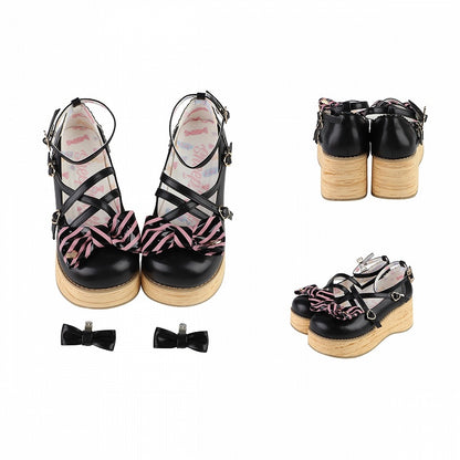 Striped Bow Accents Black Round Toe Sweet Lolita Platforms Buckle Straps