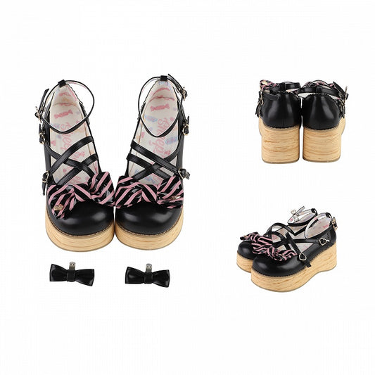 Striped Bow Accents Black Round Toe Sweet Lolita Platforms Buckle Straps