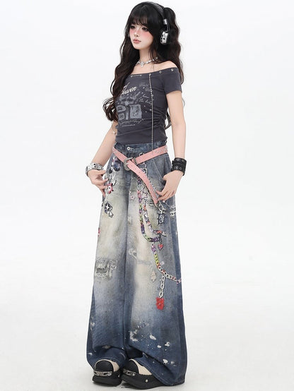 Blue Distressed Design Print Details Wide-leg Cut Jeans