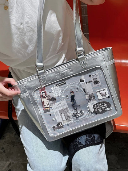 Silver Cross Detail Ita Shoulder Bag with Detachable Butterfly Charm Chain