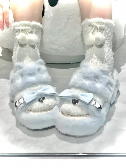 Light Blue Jirai Kei Plush Slippers: Embroidered Cat Design with Platform Sole & Top Bow