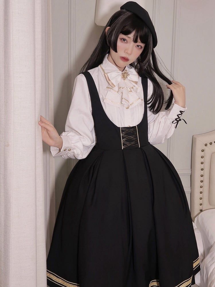White Lace-up Cuffs Long Sleeves Shirt with Jabot Tie