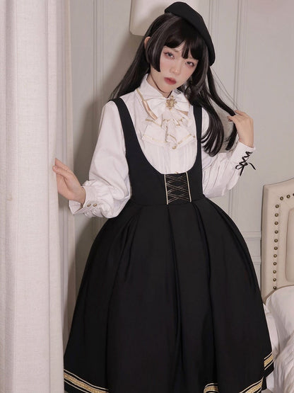 White Lace-up Cuffs Long Sleeves Shirt with Jabot Tie