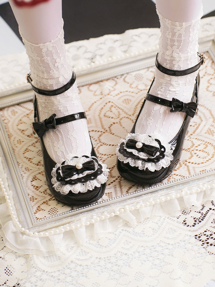 Black Bow at Top Lace Trim Heart Buckles Round Toe Lolita Shoes