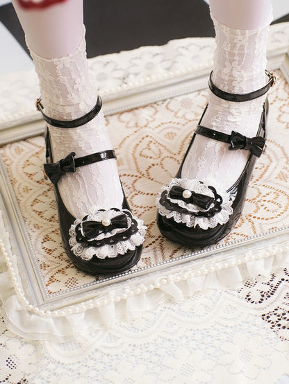 Black Bow at Top Lace Trim Heart Buckles Round Toe Lolita Shoes