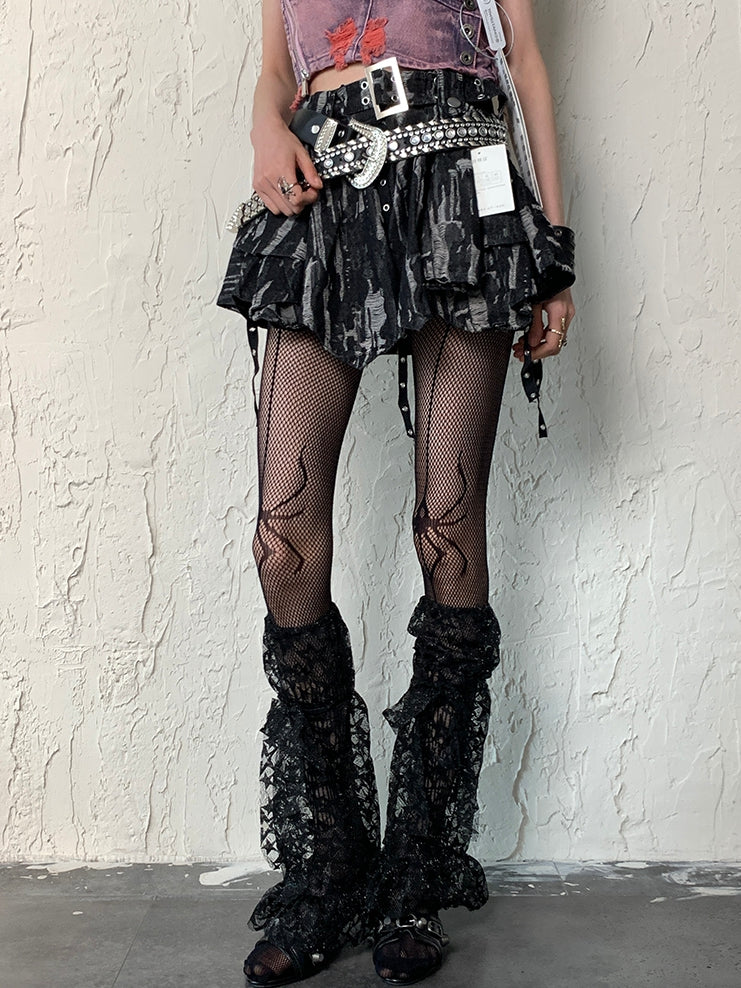 Black Y2K Star Pattern Self-tie Strap Lace Trim Leg Sleeves