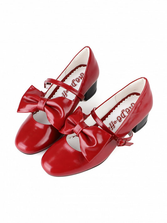 PU Red Elegant Lolita Mary Janes - Mid Heel with Bow Accents & Heart Buckle