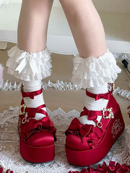 Wine Red Bear Buckle Straps Bowknot Platform Shoes with Bear Embroidery