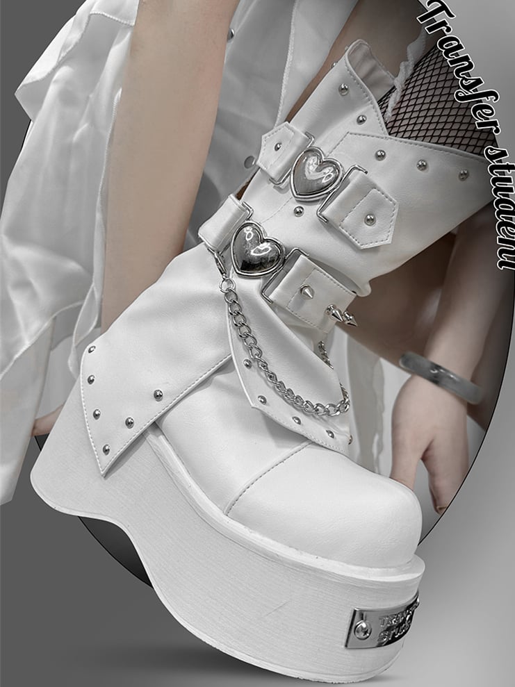 Punk Silver-tone Studs White Goth Platform Boots