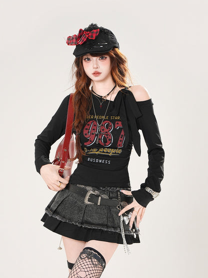 Vintage Number Print Blue/White/Black Asymmetrical Neckline Top