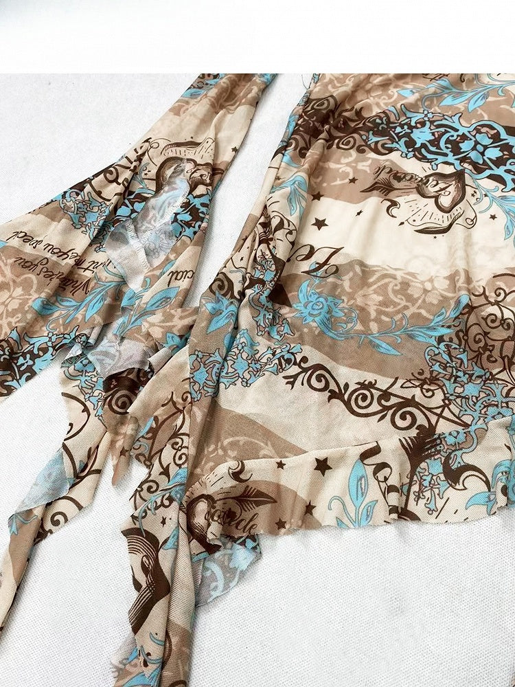 Khaki Asymmetrical Neckline Print Design Cascading Ruffle Accents Long Sleeves Top