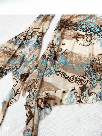 Khaki Asymmetrical Neckline Print Design Cascading Ruffle Accents Long Sleeves Top