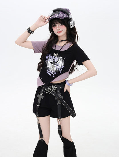 Asymmetrical Hem Star Print Black&Gray / Black&Purple Faux Two-pieces T-shirt