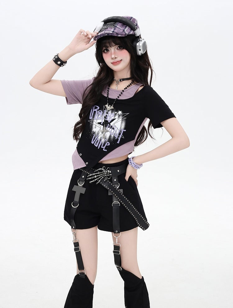 Asymmetrical Hem Star Print Black&Gray / Black&Purple Faux Two-pieces T-shirt