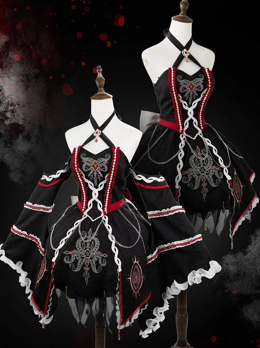 Black and Red Halter Neck Cthulhu Vibes Lolita Dress with Detachable Bell Sleeves