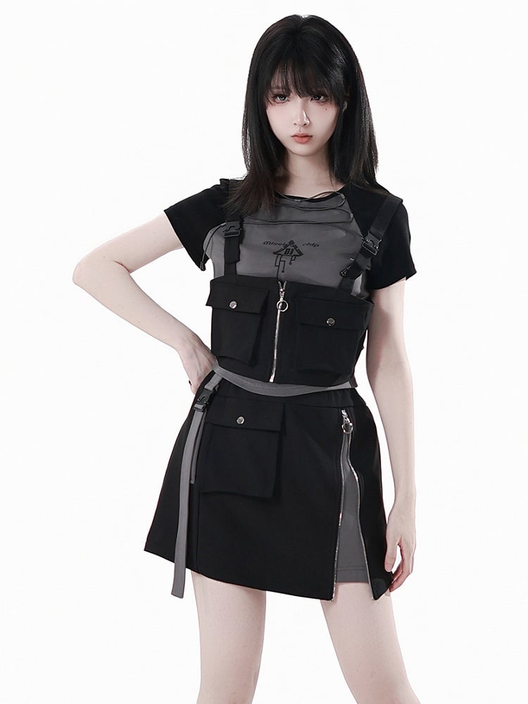 Black Pocket Details Techwear Zip-up Vest Snap Shoulder Straps