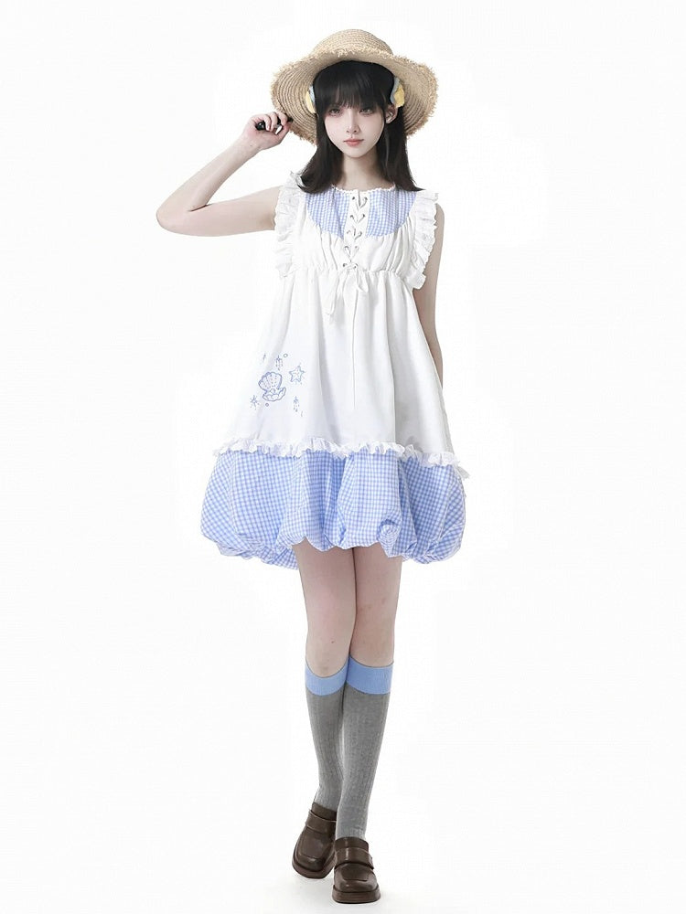 Seashell and Starfish Embroidery White and Blue Plaid Flutter Sleeves Dress Bubble Skirt