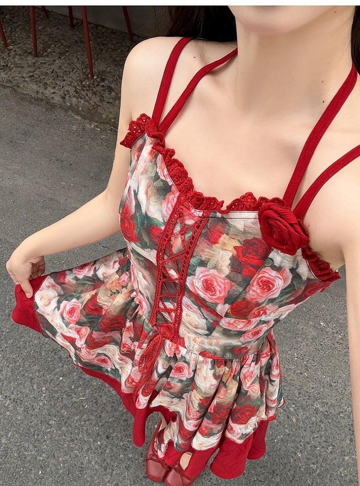 Red Rosette Print Cascading Ruffles Lace-up Front Cami Dress
