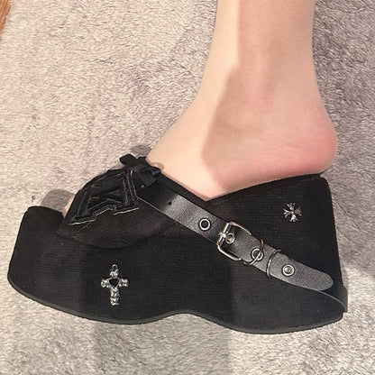 Y2K Skeleton Hand Embroidered Letters Punk Platform Slippers