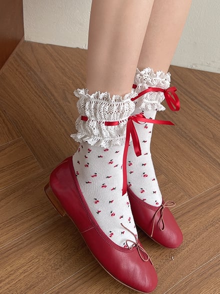 White&Red Floral Print Lace Trim Lolita Socks