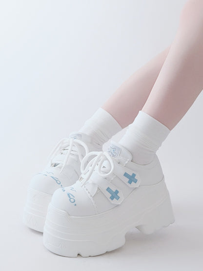 Yami Kawaii Matte White Cross Velcro Strap Kitty Ears Design Platform Shoes