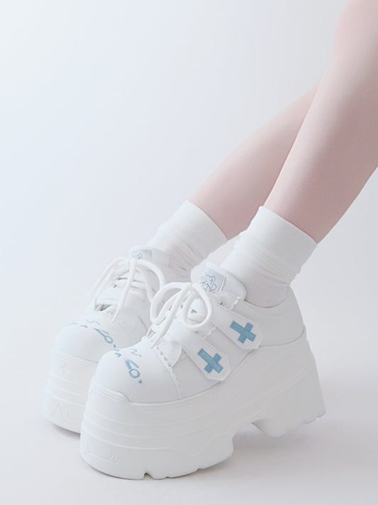 Yami Kawaii Matte White Cross Velcro Strap Kitty Ears Design Platform Shoes