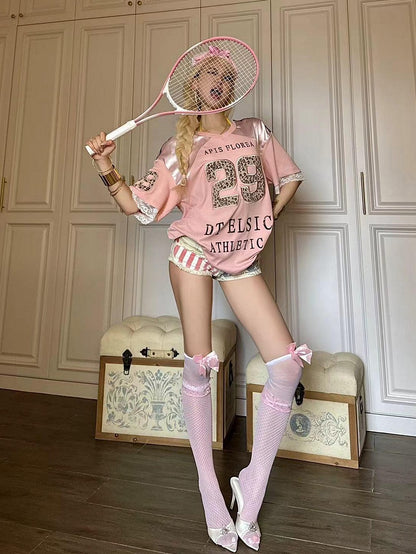 Pink V-Neck T-shirt with Leopard Embroidery & Lace Trim