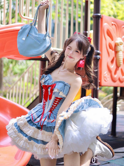 Blue Sweet Lolita Lace-up Boned Corset Top + Skirt + Bolero Full Set