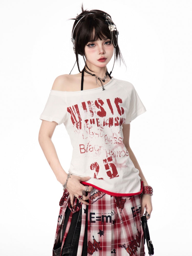 Y2K Letter Print White/Gray Asymmetrical Neckline T-shirt