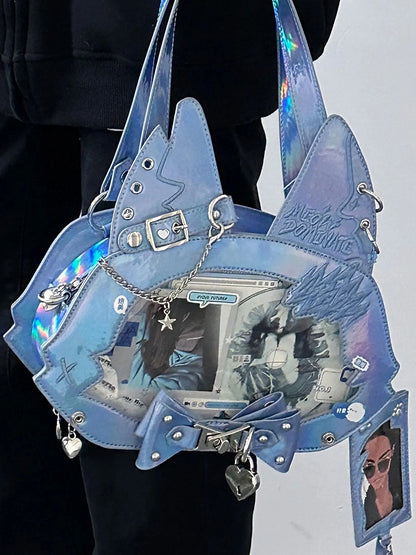 Kitty Ear Design Bowknot Studs Detail Blue PU Tote Bag Ita Bag with Free Card Holder