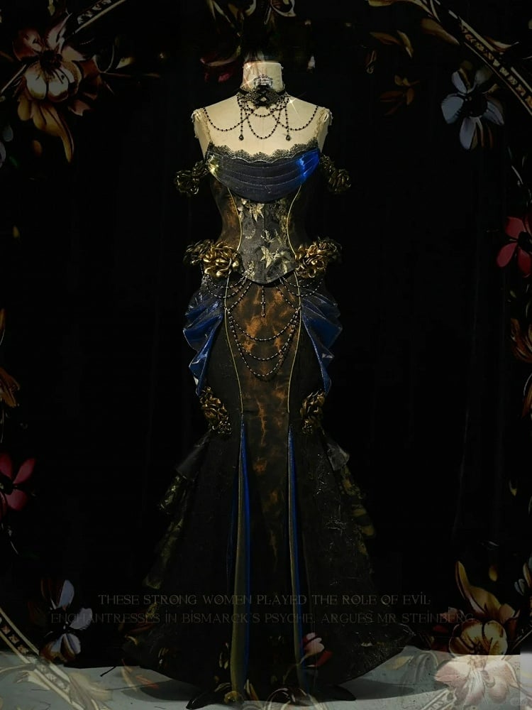 Black and Gold Victorian Goth Mermaid Skirt with Removable Roses Pin and Bead Chain