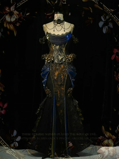 Black and Gold Victorian Goth Mermaid Skirt with Removable Roses Pin and Bead Chain