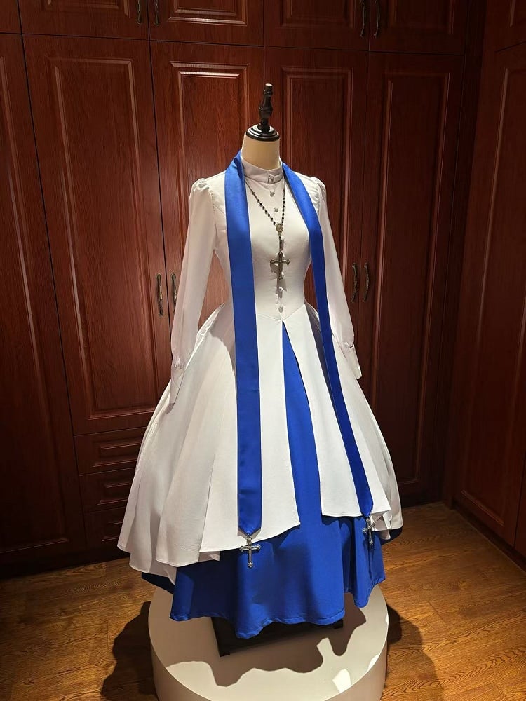 White and Klein Blue Nun Lolita Long Sleeves Dress