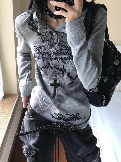 Gray Vintage Henley Neck Top with Tribal Print & Letter Embroidery