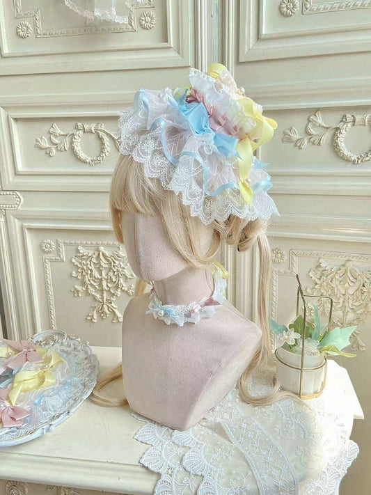 Pink&Green / Blue&Yellow Lolita Hat with Lace and Bow Accents